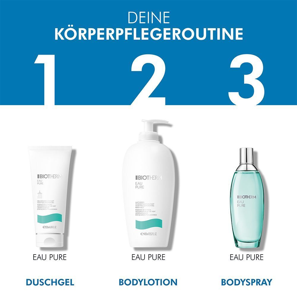 Drei Produkte: Duschgel, Bodylotion, Bodyspray. Alle weiß, BIOTHERM, Eau Pure. Nummerierte Anordnung: 1, 2, 3. Text: Deine Körperpflegeroutine.