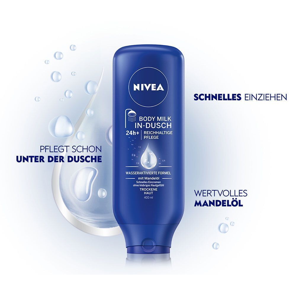 Blaue Flasche NIVEA BODY In-Dusch Milk. Text: PFLEGT SCHON UNTER DER DUSCHE, SCHNELLES EINZIEHEN, WERTVOLLES MANDELÖL. 400 ml.