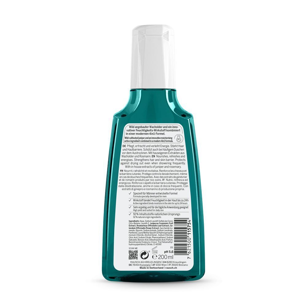 Rückseite einer Shampoo-Flasche. Text in mehreren Sprachen. Enthält Informationen zu Inhaltsstoffen und Anwendung.