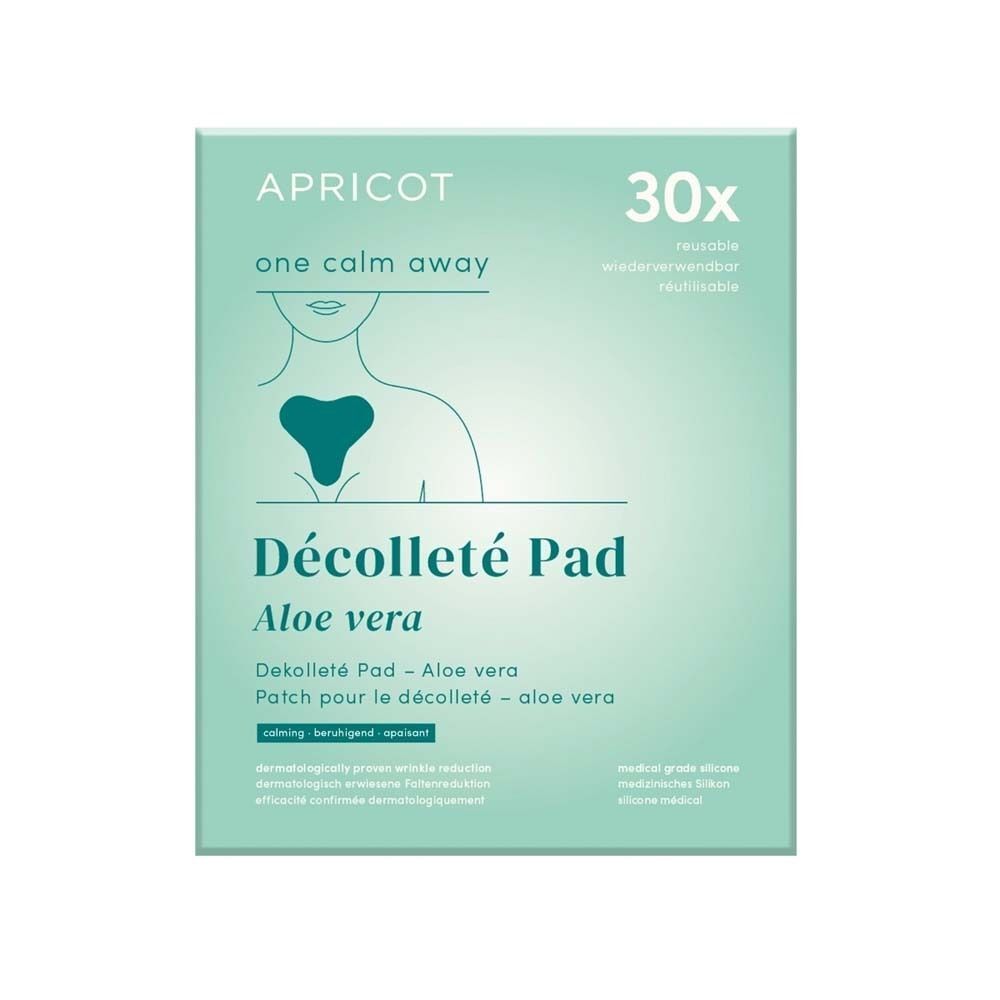 Verpackung mit Aufschrift: APRICOT, Décolleté Pad Aloe vera. 30x. Abbildung eines Pads auf einem Dekolleté.