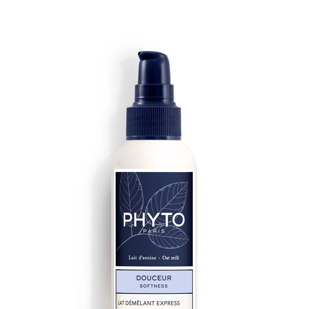 Flasche PHYTO PARIS Entwirrungslotion mit Pumpverschluss. Weißes Fläschchen mit blauem Aufdruck. Text: Douceur Softness, Lait Démêlant Express.