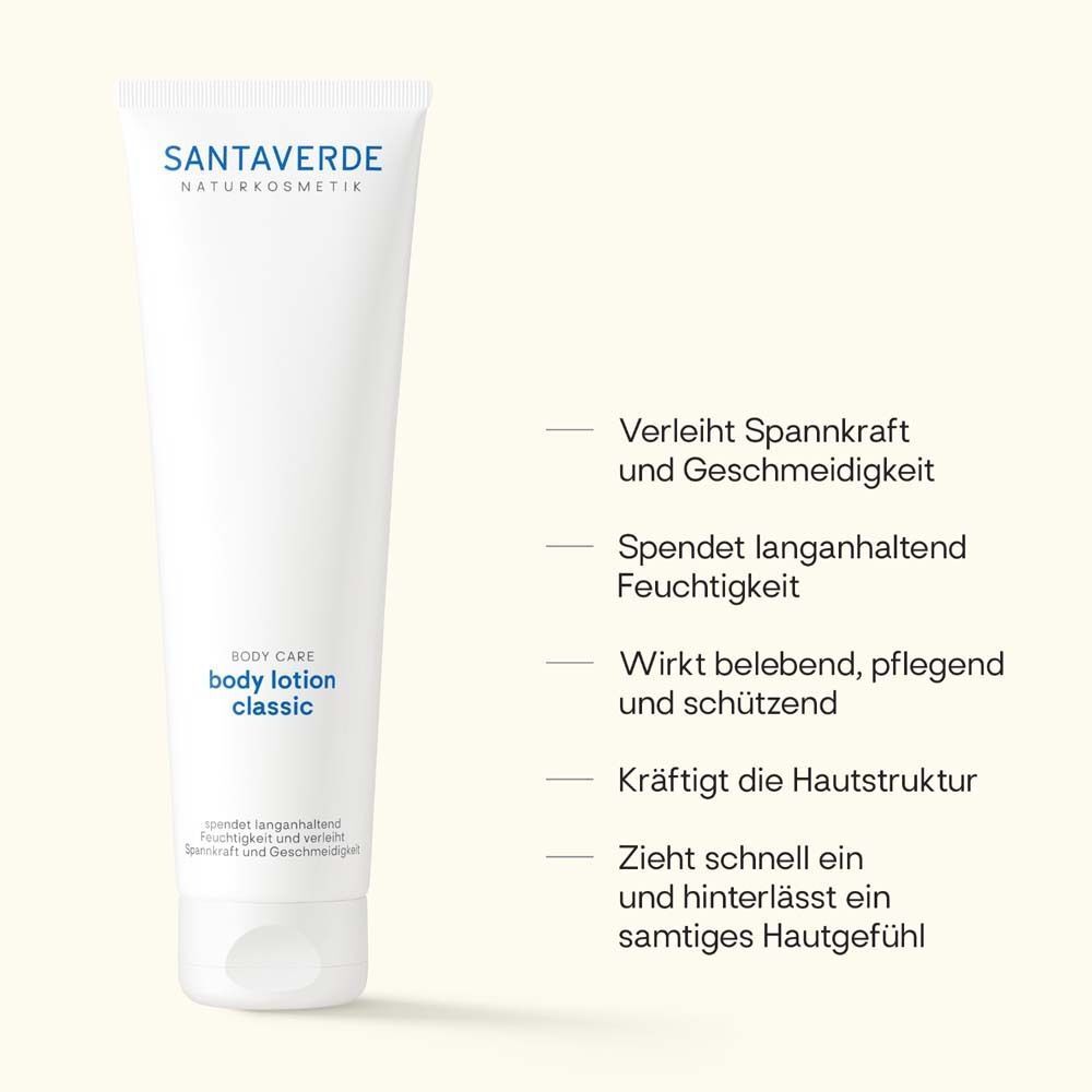 Weiße Tube mit Text: "body lotion classic". Textzeilen: Spendet Feuchtigkeit, belebend, schützend.
