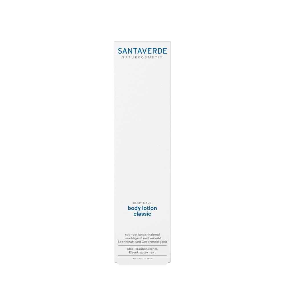Weiße Produktverpackung mit SANTAVERDE-Logo und Aufschrift "body lotion classic".