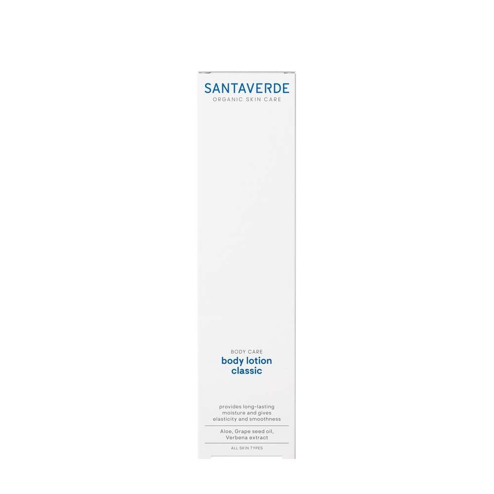 Weiße Produktverpackung mit SANTAVERDE-Logo und Aufschrift "body lotion classic".