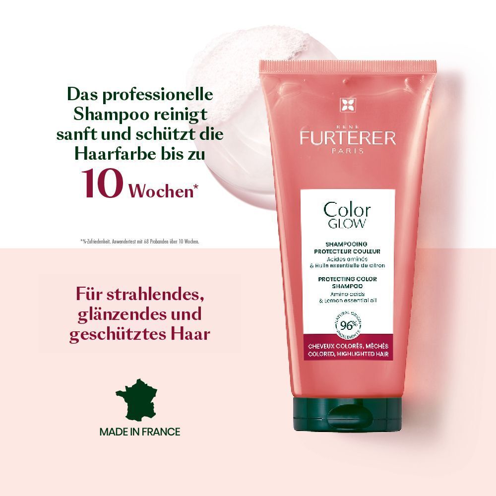 Rosa Tube Shampoo mit grünem Verschluss. Text: Color Glow, Protecting Color Shampoo. Text: Made in France.