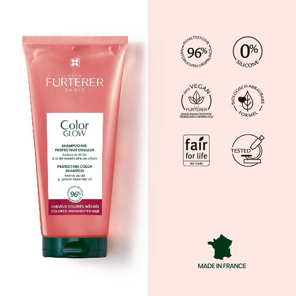 Rosa Tube Shampoo. Text: Color Glow, Protecting Color Shampoo. Text: 96% natürliche Inhaltsstoffe. Made in France.