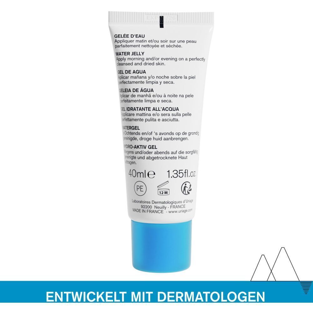 Rückseite einer Tube Uriage Eau Thermale Water Jelly. Text in mehreren Sprachen. 40ml, 1.35fl.oz. Hergestellt in Frankreich.