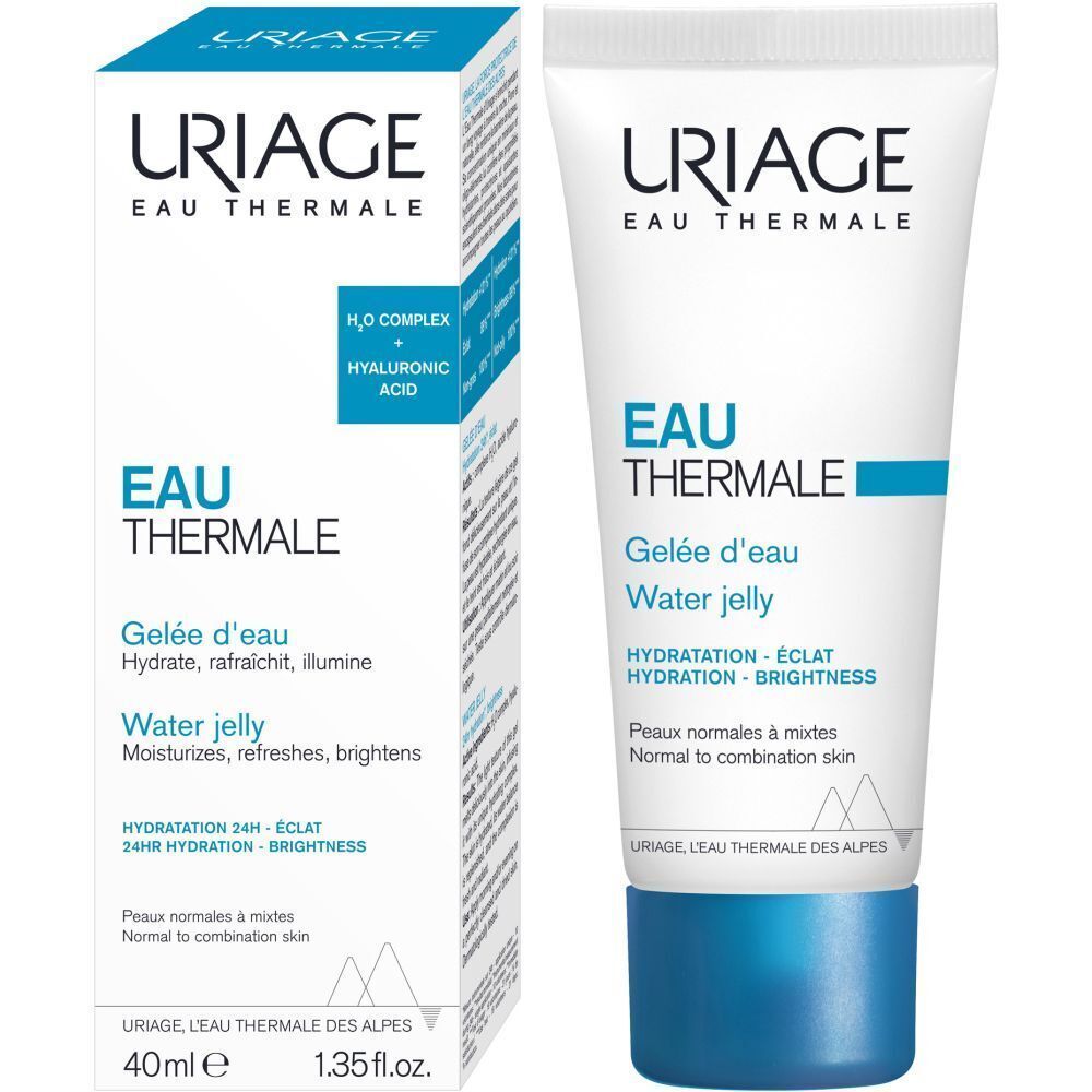 Uriage Eau Thermale Water Jelly in Schachtel und Tube. Text: Hydratisiert, erfrischt, hellt auf. Für normale bis Mischhaut.