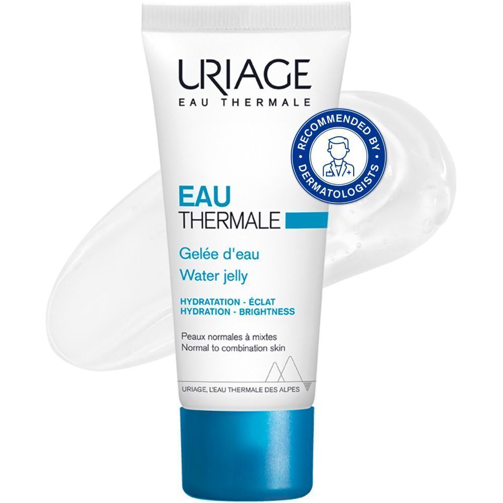 Tube Uriage Eau Thermale Water Jelly mit Text und Siegel: Empfohlen von Dermatologen. Für normale bis Mischhaut.