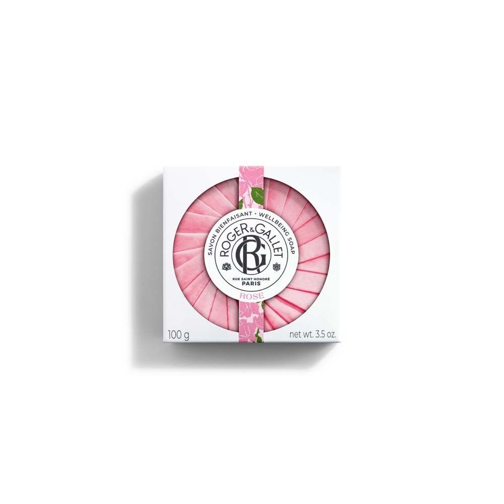 Quadratische Verpackung mit zwei runden, rosa Seifenstücken. Auf der Verpackung steht ROGER&GALLET und "ROSE".