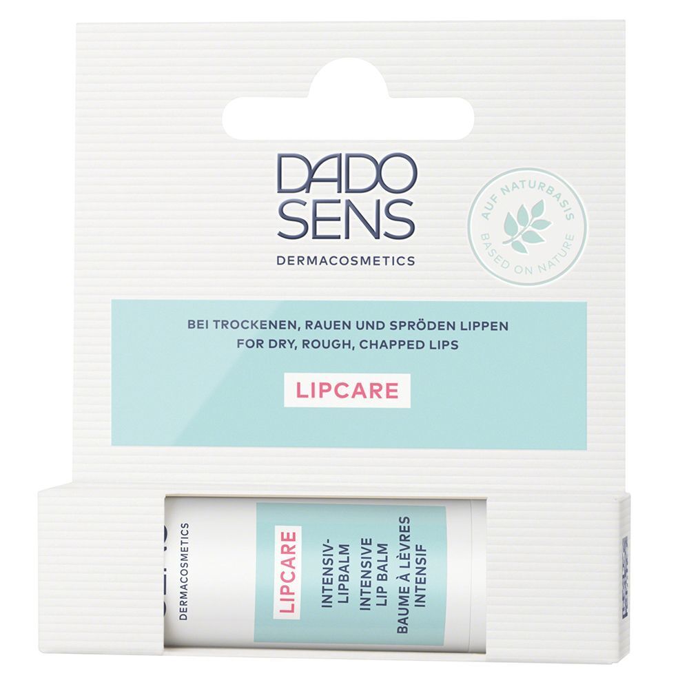 DADO SENS Intensiv-Lipbalm in geöffneter Faltschachtel mit Aufdruck 'Bei trockenen, rauen und spröden Lippen'.