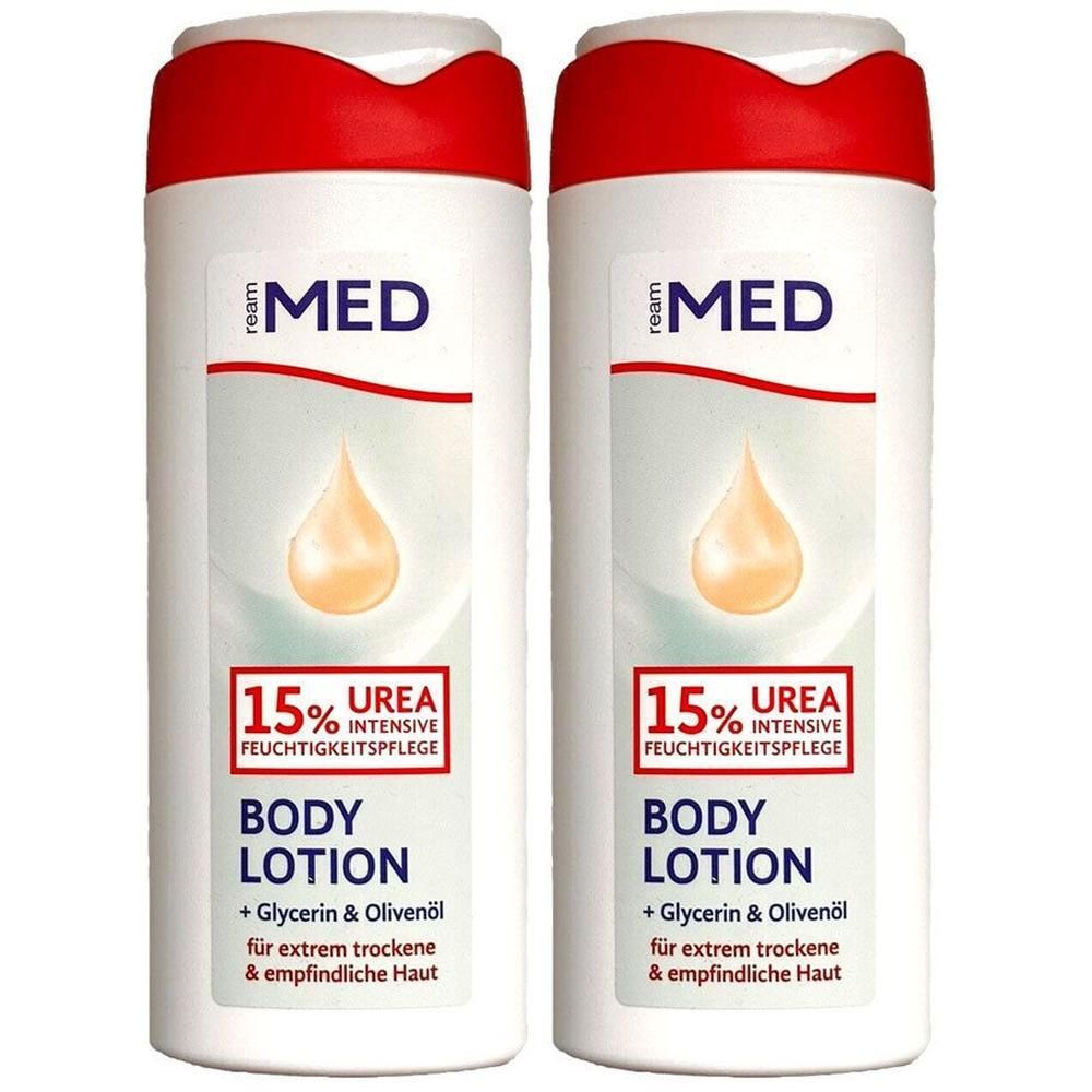 Zwei weiße Flaschen mit rotem Deckel. Aufschrift: ream MED, 15% Urea, Body Lotion. Für trockene und empfindliche Haut.