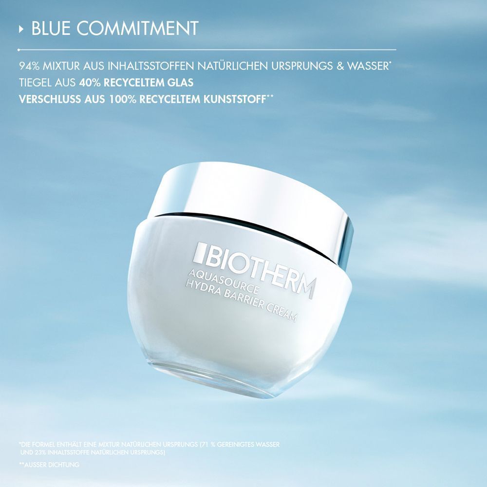 BIOTHERM Aquasource Hydra Barrier Cream Tiegel. Blaue und weiße Farbgebung. Text: Blue Commitment.