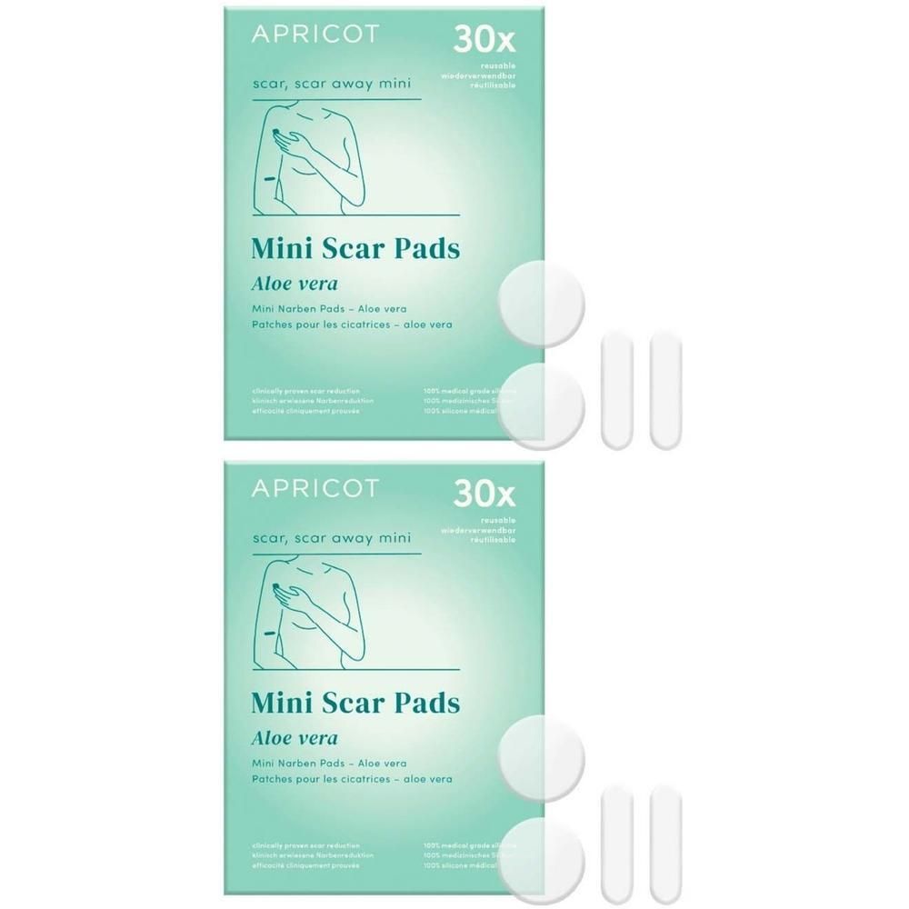 Zwei Packungen Mini Narben Pads. Jede Packung enthält 30 Pads. Aufschrift: APRICOT, Aloe Vera.