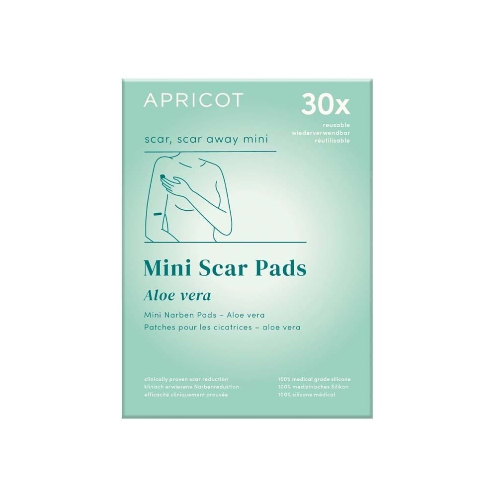 Eine Packung Mini Narben Pads. Aufschrift: APRICOT, Aloe Vera. Enthält 30 Pads.