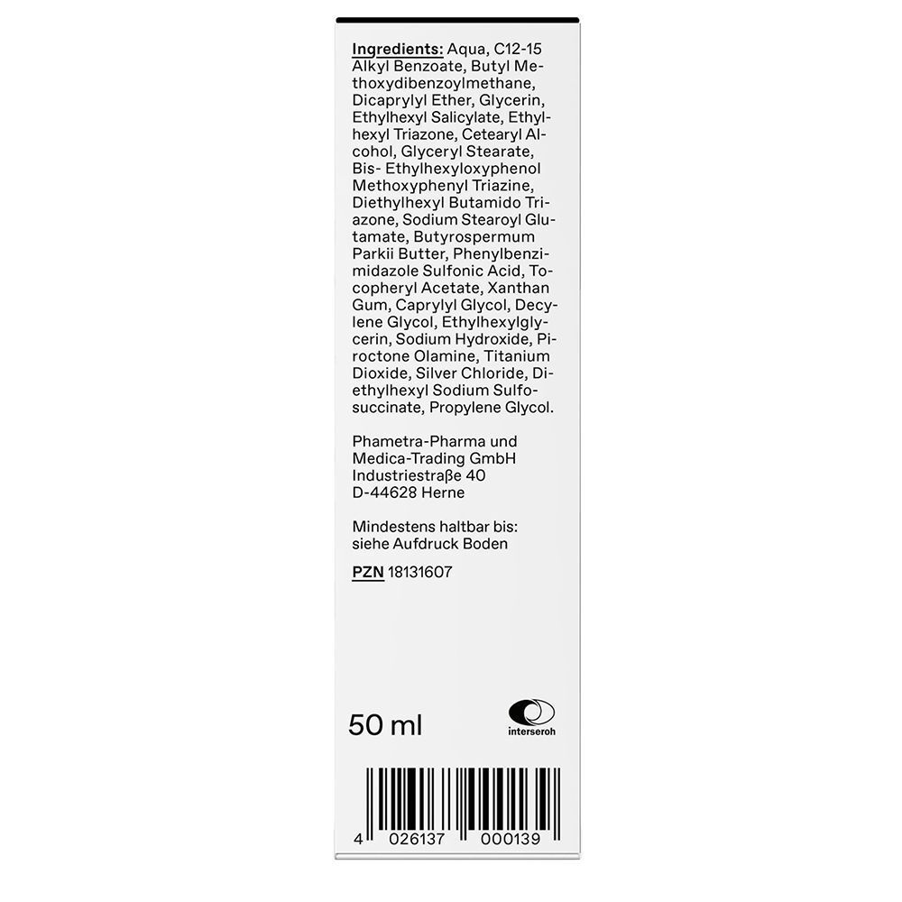 Rückseite der GLTZN MED Sonnencreme LSF 50+ Verpackung mit Inhaltsstoffen und 50ml Angabe.