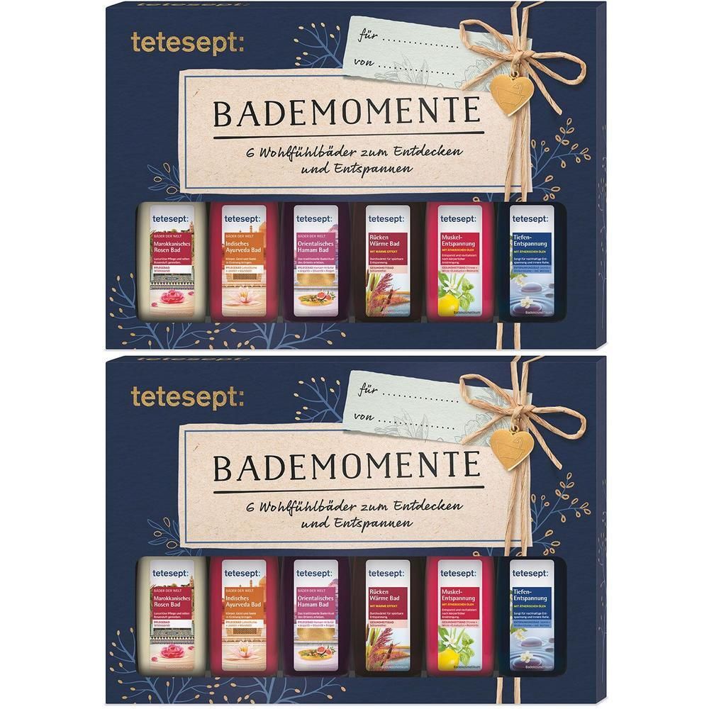Geschenkbox mit sechs Badezusätzen. Aufschrift: tetesept BADEMOMENTE. Verpackung mit Schleife und Anhänger.