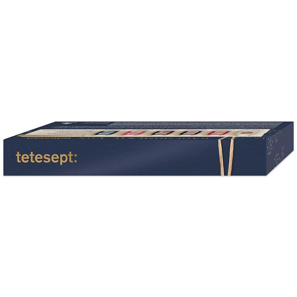 Dunkelblaue rechteckige Verpackung. Aufschrift: tetesept. Mit Produktnamen und goldfarbenem Band.