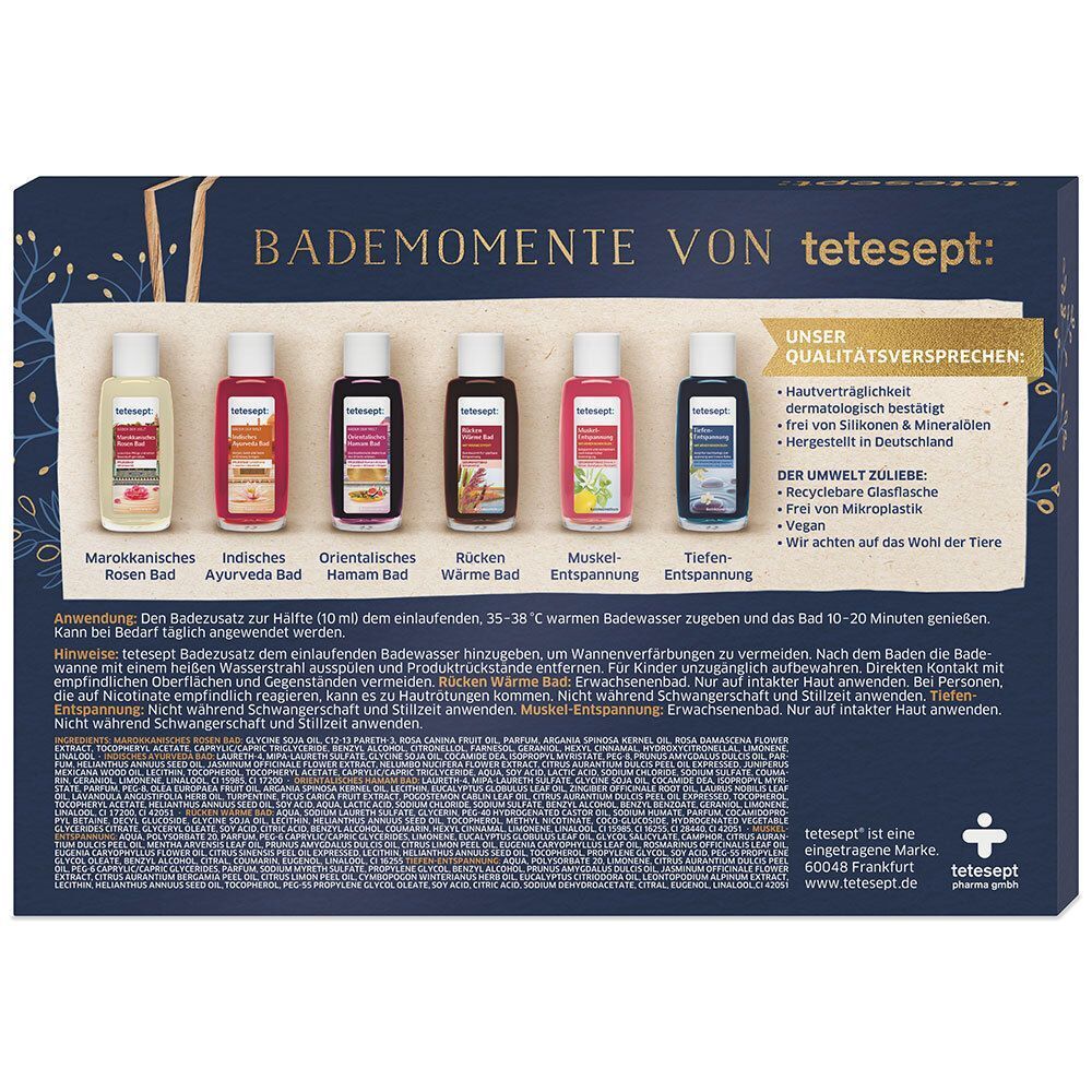 Rückseite der Geschenkbox mit sechs Badezusätzen. Produktnamen, Anwendungshinweise und Logo.