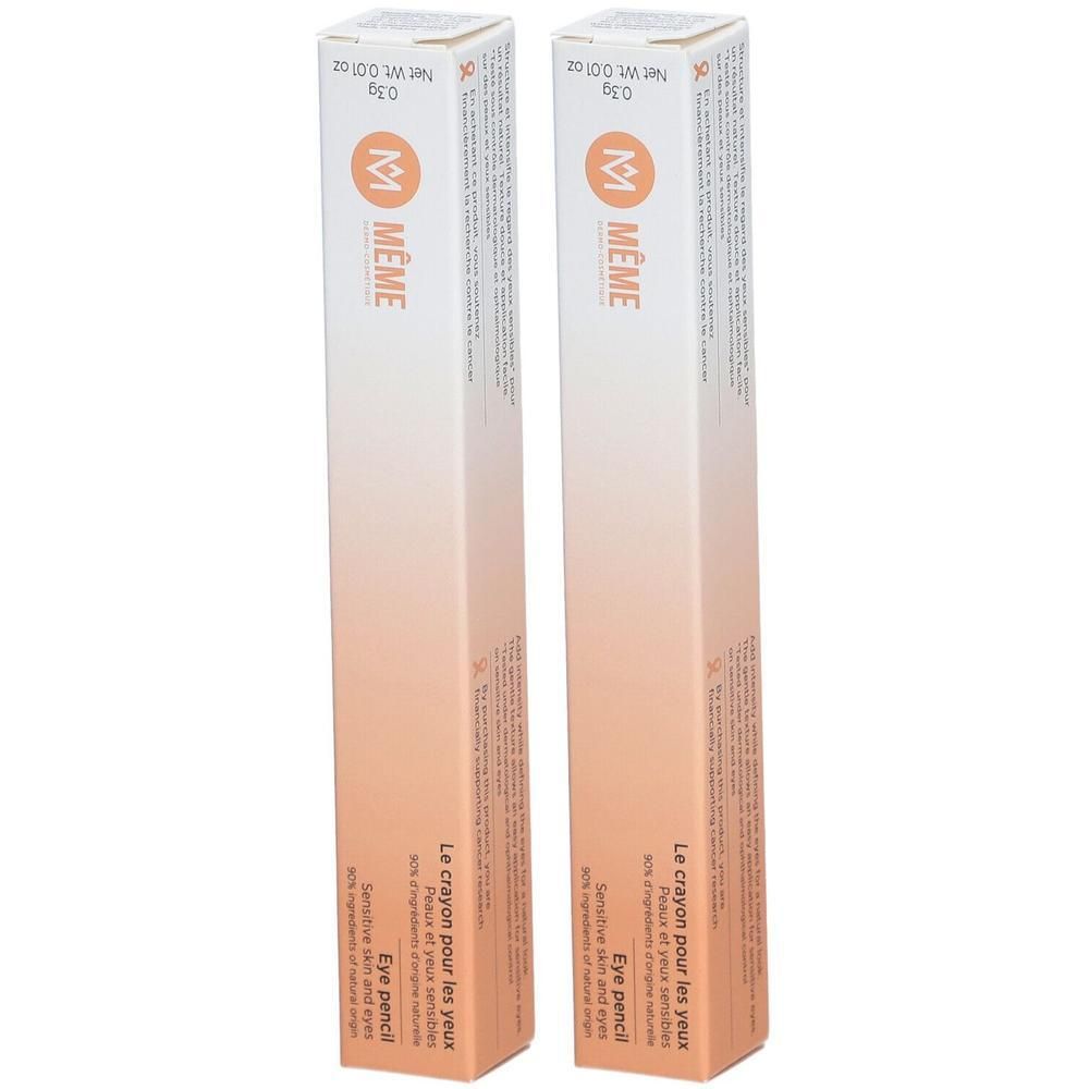 Zwei längliche Verpackungen. Aufschrift: MÊME, Eye pencil. Farbverlauf von Weiß zu Orange. Text: Le crayon pour les yeux.