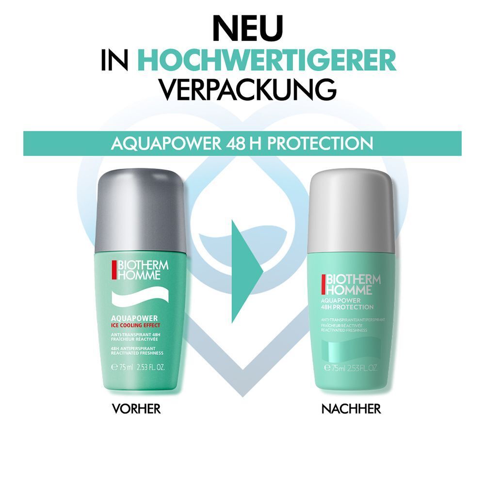 Vergleich von zwei Deodorant-Roll-Ons. Links: BIOTHERM HOMME, AQUAPOWER. Rechts: BIOTHERM HOMME, AQUAPOWER 48H PROTECTION. Text: NEU IN HOCHWERTIGERER VERPACKUNG.