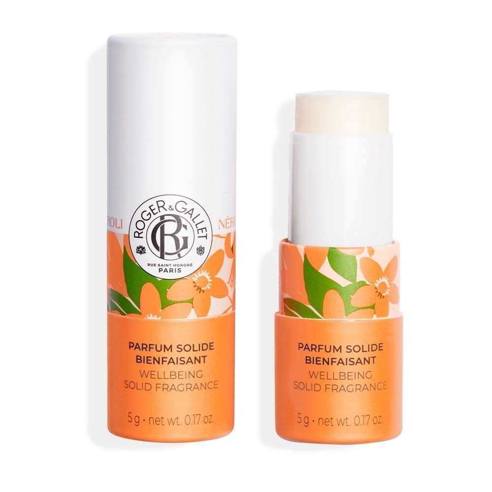 Zwei zylindrische Behälter, einer geöffnet. Weiß mit orangefarbenem Band, floralem Muster und Text. Marke Roger & Gallet. 5g.