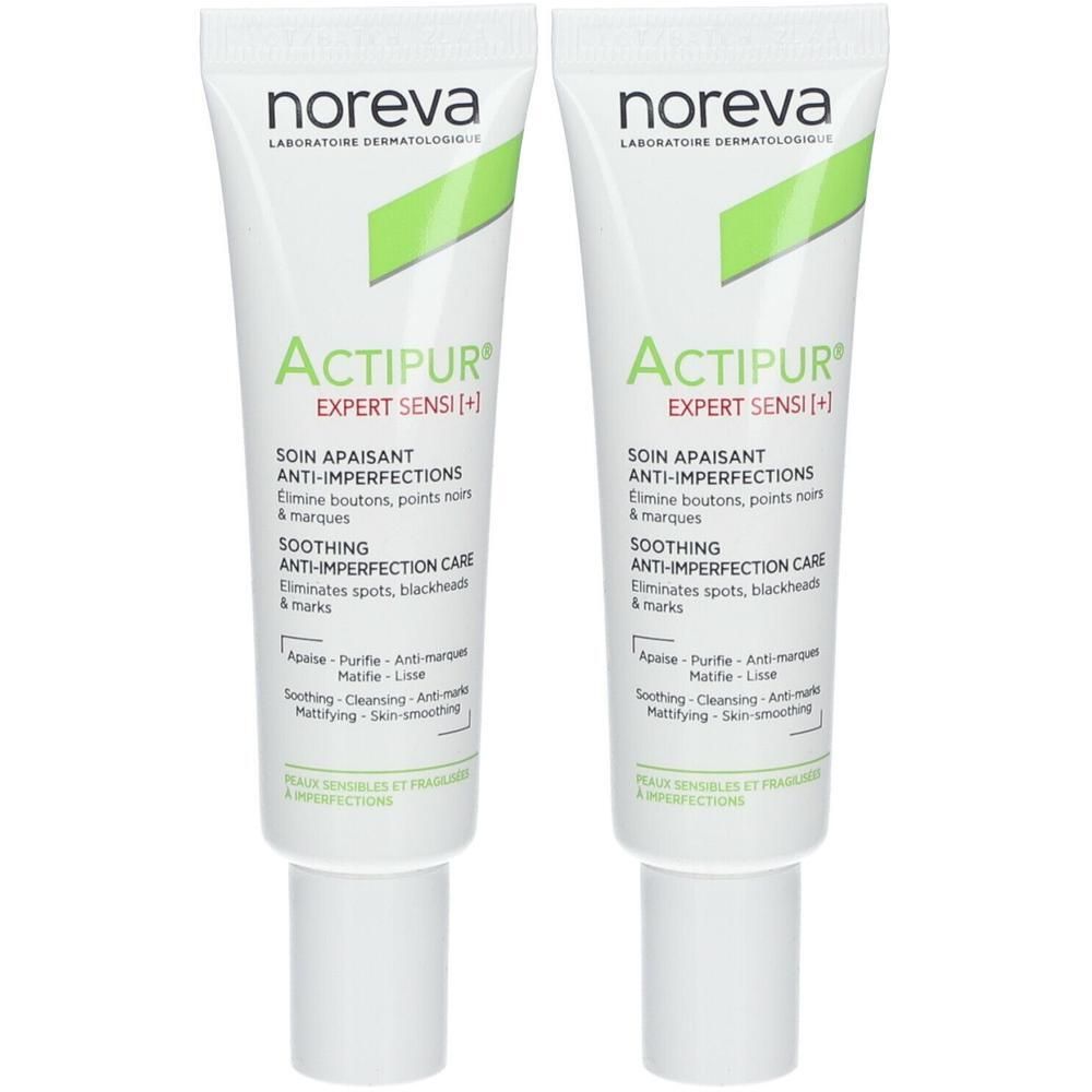 Zwei Tuben Creme. Auf jeder Tube steht "noreva" und "ACTIPUR EXPERT SENSI[+]". Text: "SOIN APAISANT ANTI-IMPERFECTIONS".