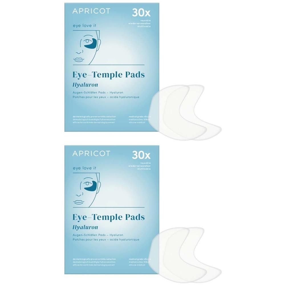 Zwei Packungen APRICOT Eye & Temple Pads. Jede Packung enthält 30 Pads. Auf jeder Packung ist das Produkt und der Name Hyaluron zu sehen.