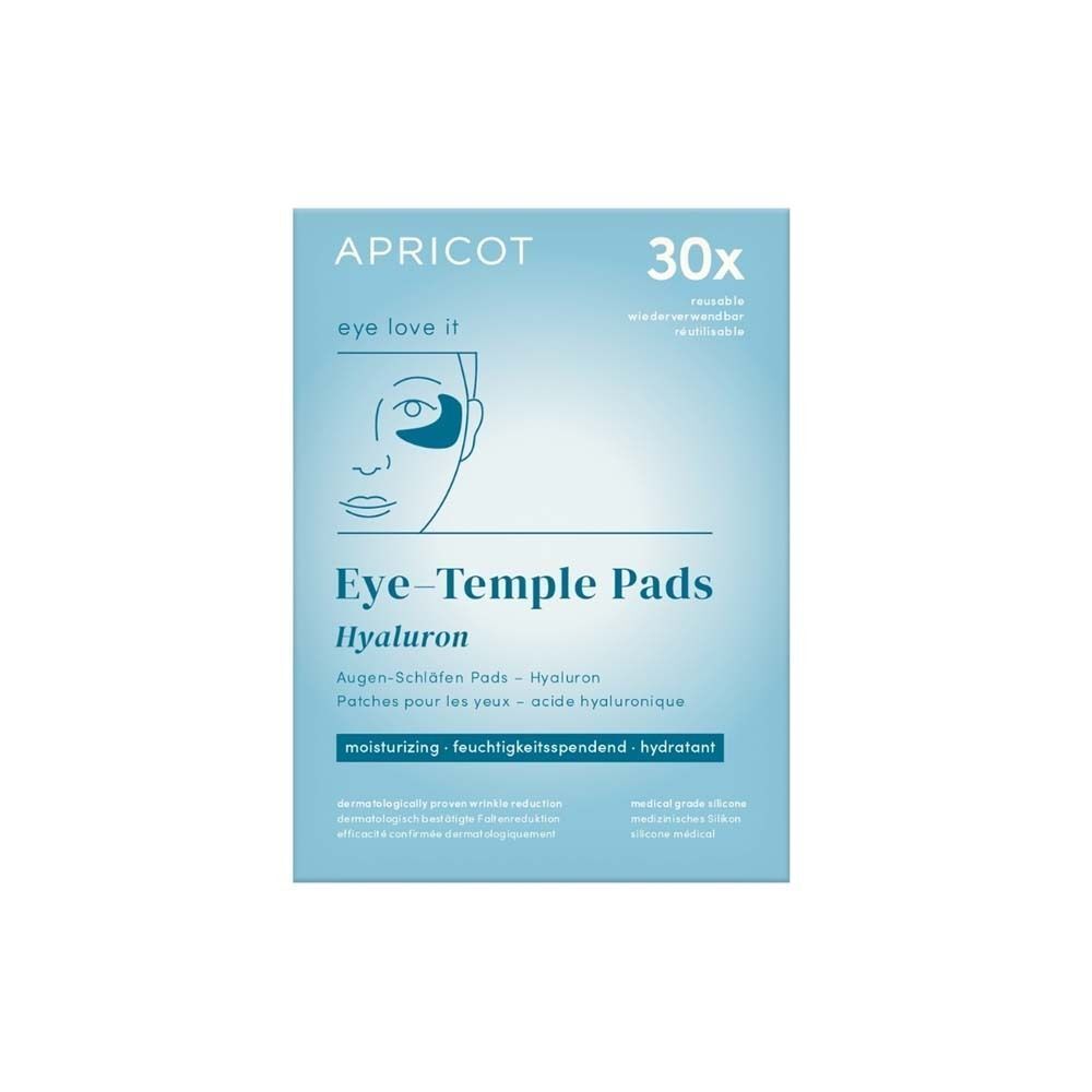 APRICOT Eye-Temple Pads Hyaluron Packung. Enthält 30 Pads. Auf der Packung sind Produktname, Inhaltsstoffe und eine Illustration zu sehen.