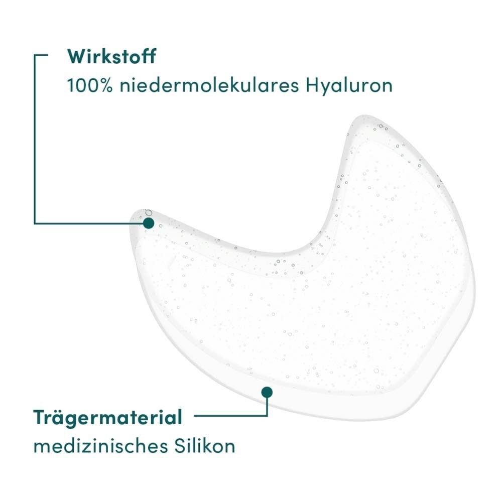 Nahaufnahme eines Pads. Beschriftung: Wirkstoff 100% niedermolekulares Hyaluron. Trägermaterial medizinisches Silikon.