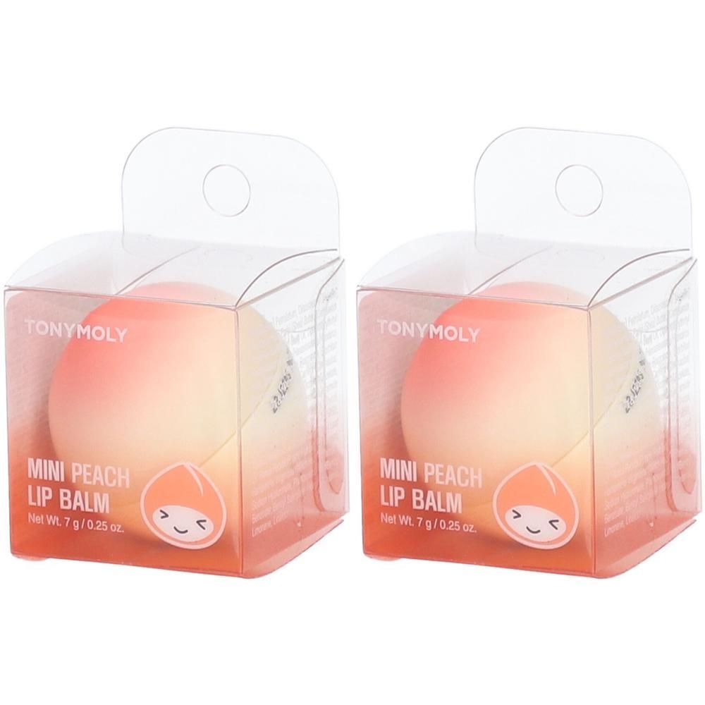 Zwei runde Lippenbalsame in Pfirsichform in transparenten Verpackungen. Aufdruck: MINI PEACH LIP BALM, Marke TONYMOLY.