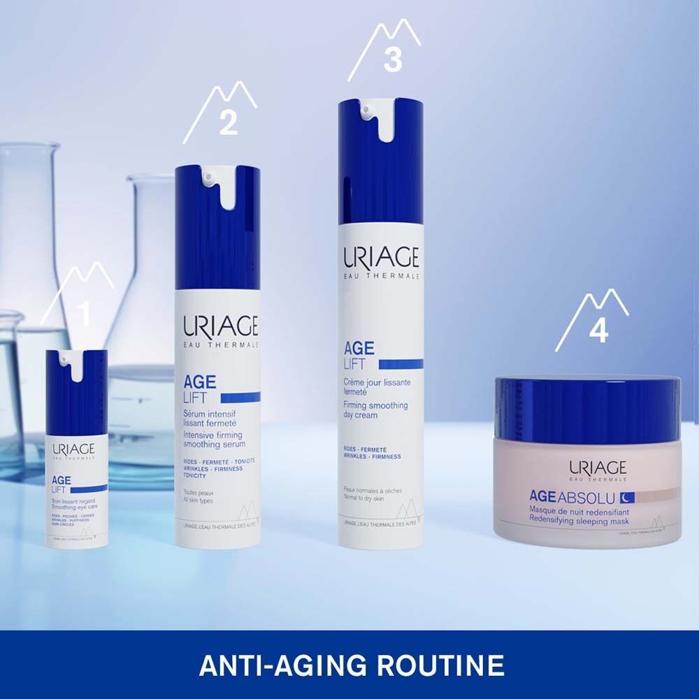 Anti-Aging-Routine mit Uriage Produkten. Vier Produkte: Serum, Tagescreme, Augencreme und Nachtcreme.