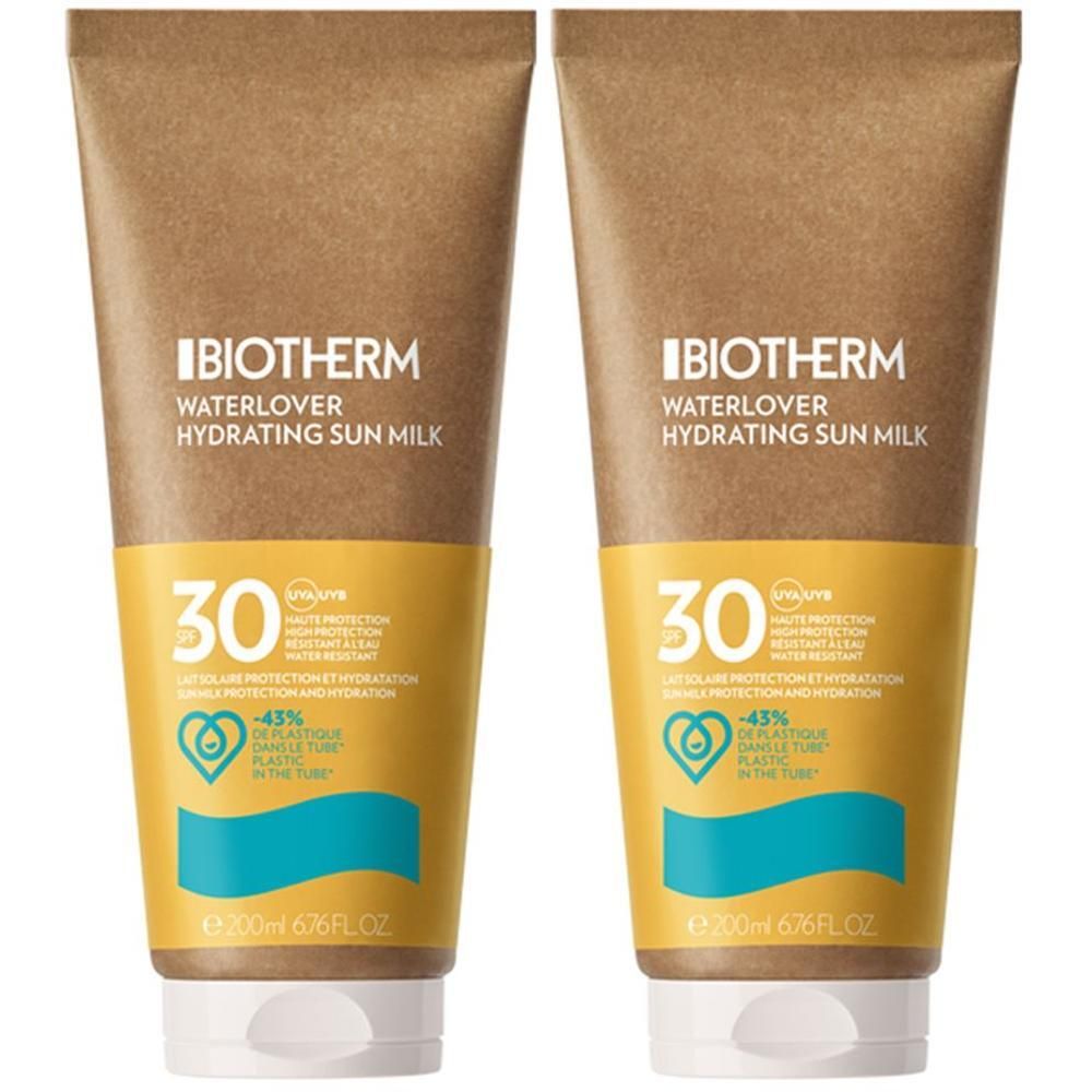 Zwei Tuben Sonnenmilch. Aufschrift: BIOTHERM Waterlover Hydrating Sun Milk LSF 30. Verpackung mit gelben und blauen Akzenten.