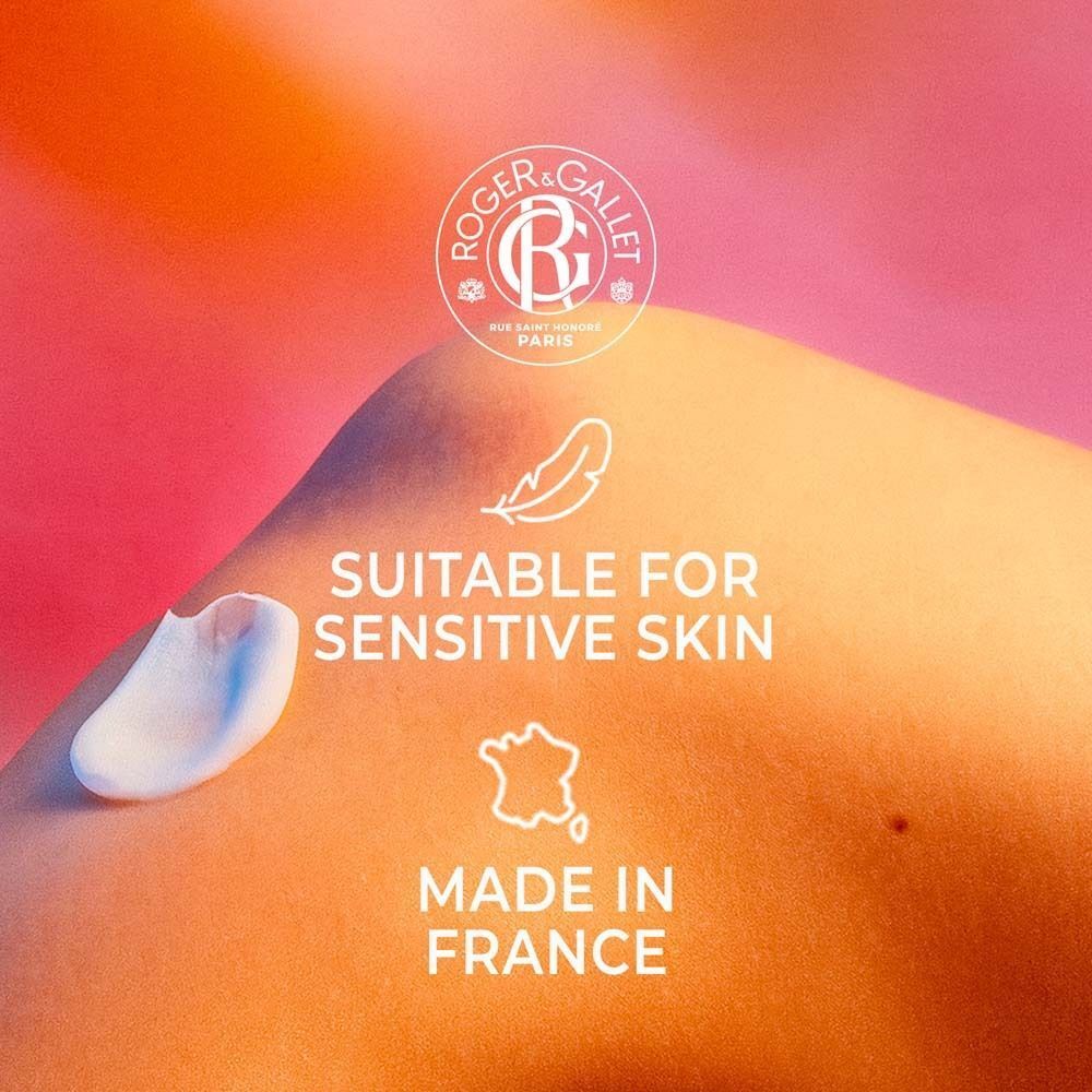 Produkt auf Haut. Text: Suitable for Sensitive Skin, Made in France. Logo Roger & Gallet.