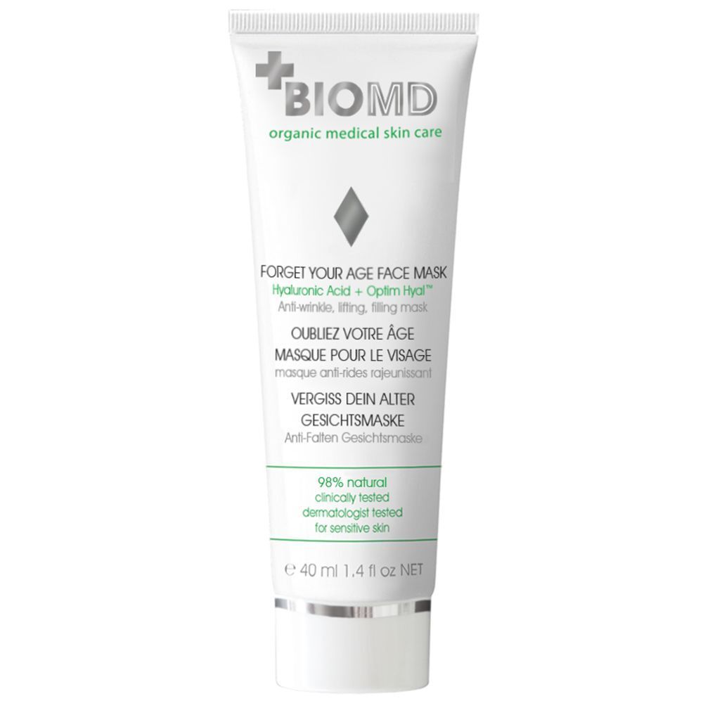 BIOMD Gesichtsmaske in Tube. Weiß, mit grünem Akzent. Text: Forget Your Age Face Mask, Hyaluronic Acid + Optim Hyal, 98% natürlich, 40 ml. Silberne Kappe.
