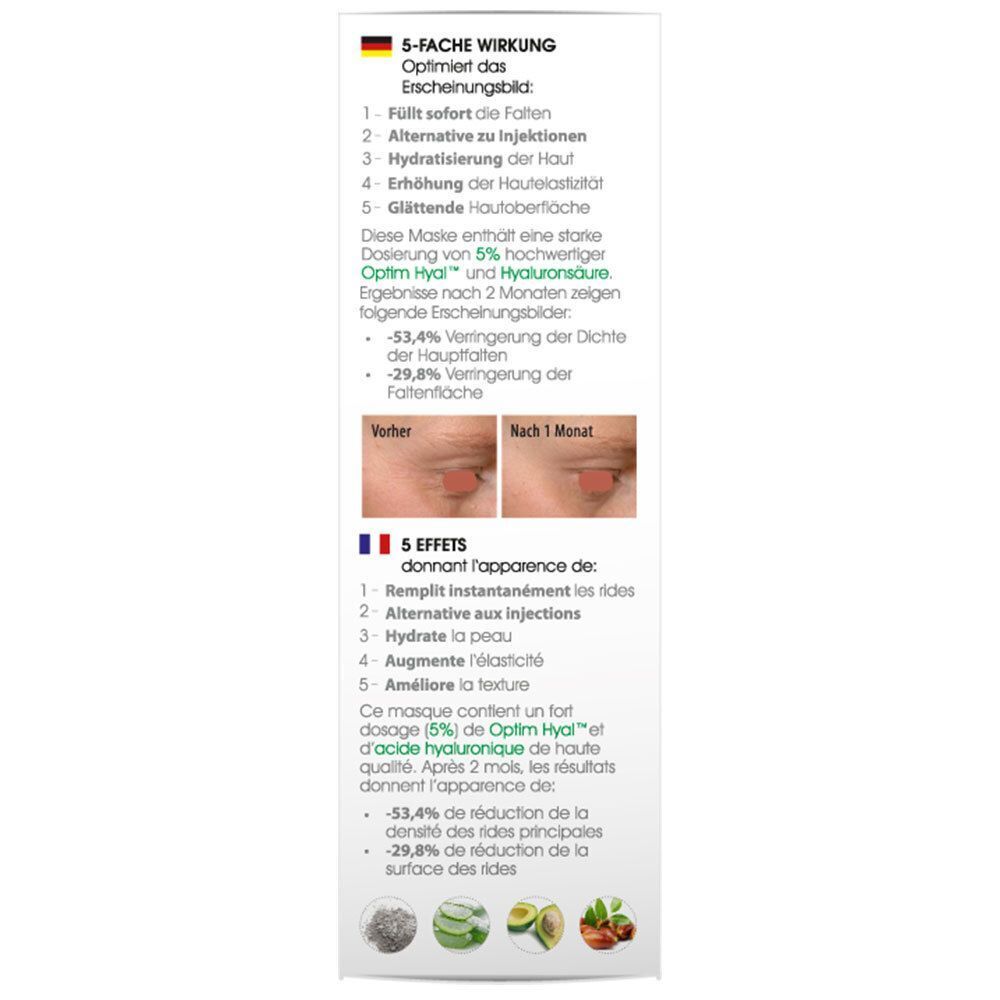 Rückseite der BIOMD Gesichtsmasken-Verpackung. Text: 5-fache Wirkung, Inhaltsstoffe, Vorher/Nachher-Bilder. Französische Übersetzung. Grün, weiß, Text.
