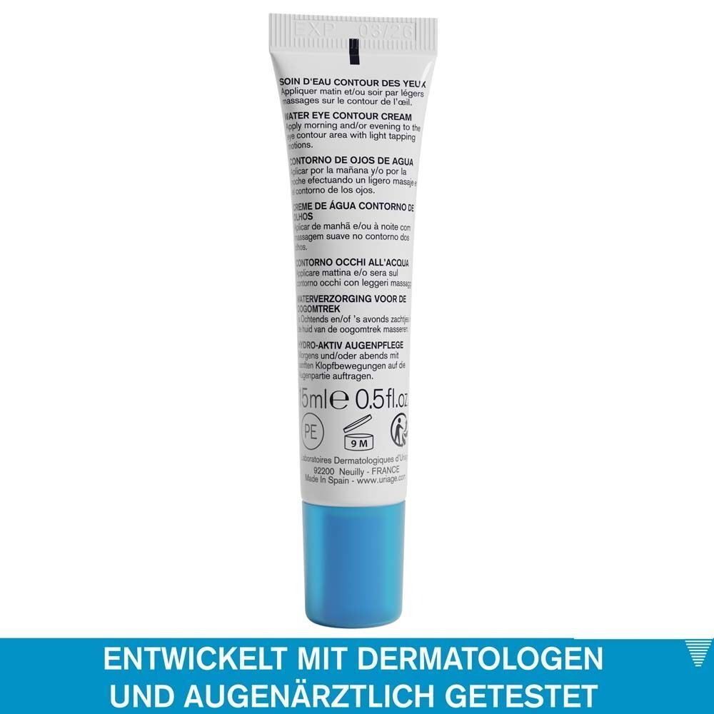 Rückseite einer Tube Uriage Eau Thermale Augenpflege. Text in mehreren Sprachen. 15ml.