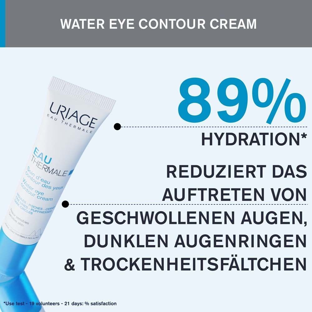 Tube Uriage Eau Thermale Augenpflege. Text: 89% Hydratation. Reduziert Schwellungen, Augenringe & Trockenheitsfältchen.