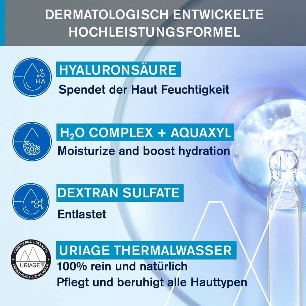 Infografik mit Inhaltsstoffen: Hyaluronsäure, H2O Complex + Aquaxyl, Dextran Sulfat, Uriage Thermalwasser.