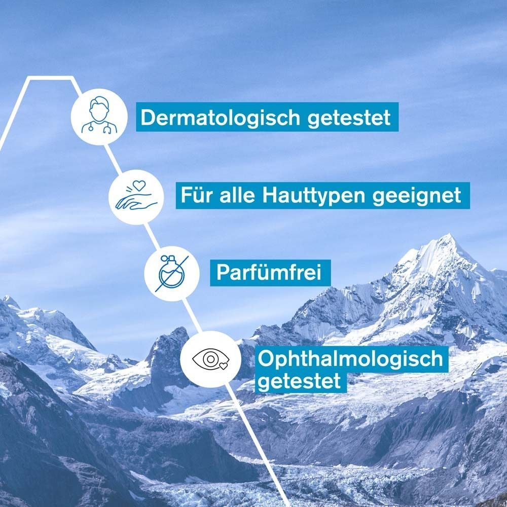 Infografik: Dermatologisch getestet, Für alle Hauttypen geeignet, Parfümfrei, Ophthalmologisch getestet.