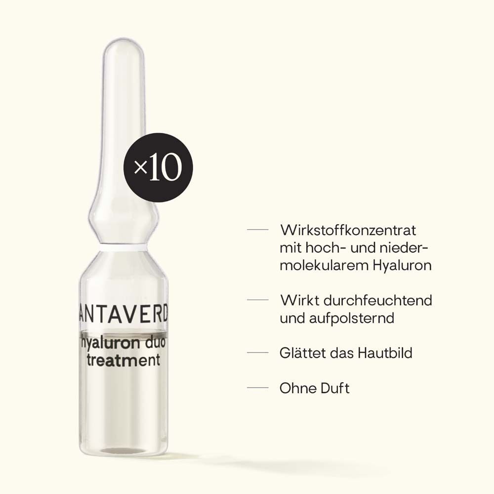 Glasampulle mit SANTAVERDE-Aufdruck. Hyaluron duo treatment. Text: Wirkstoffkonzentrat, wirkt feuchtigkeitsspendend.