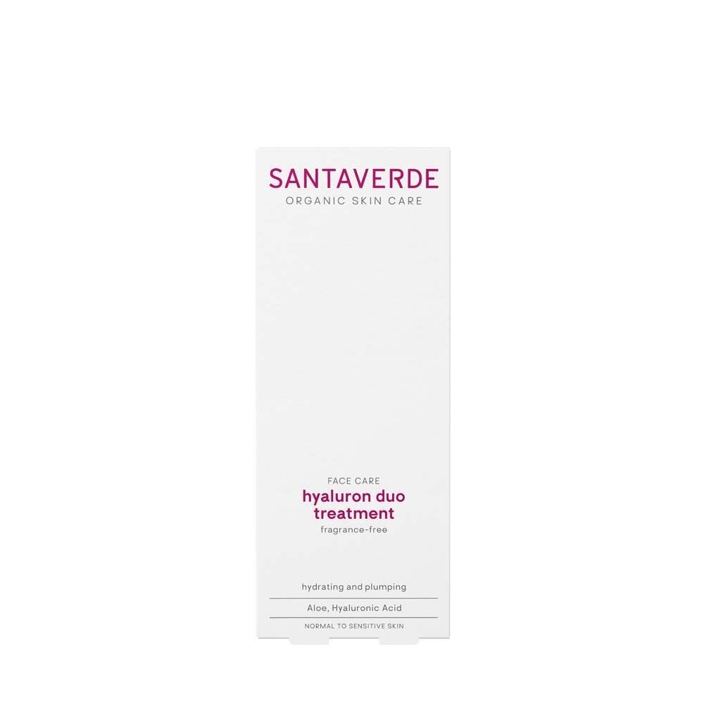 Weiße Verpackung mit SANTAVERDE-Logo. Text: hyaluron duo treatment, fragrance-free.
