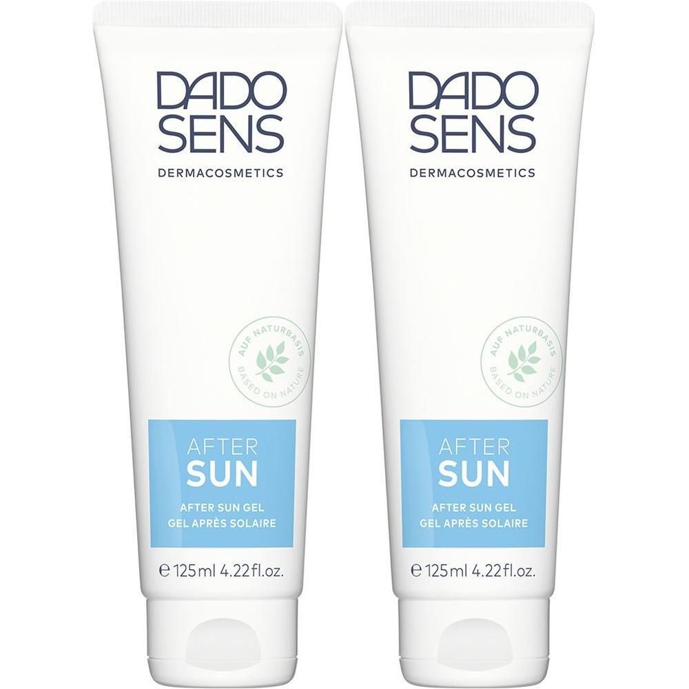 Zwei weiße Tuben DADO SENS After Sun Gel mit blauem Etikett.