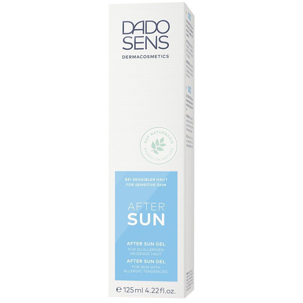 Weiße Faltschachtel DADO SENS After Sun Gel mit blauer Banderole.