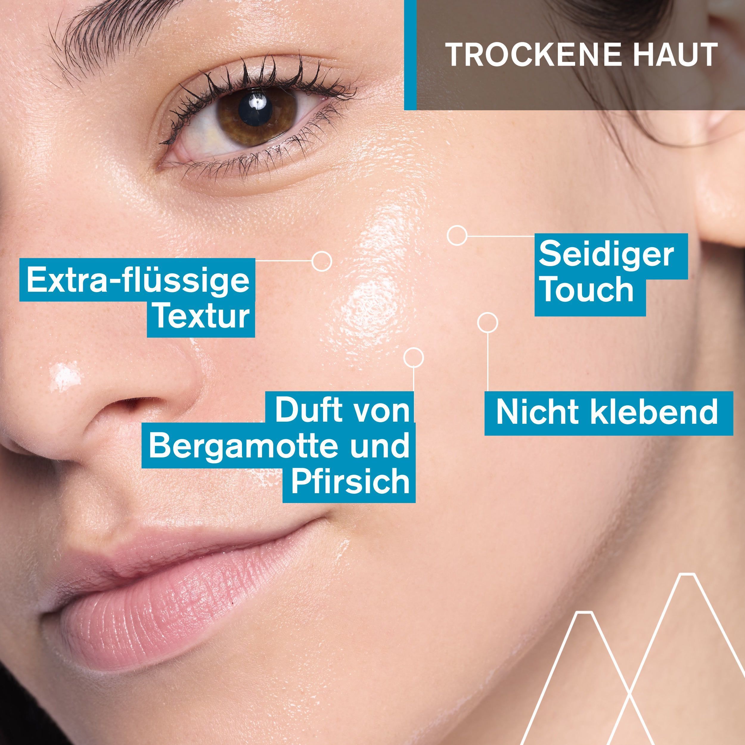 Nahaufnahme eines Gesichts. Text: Extra-flüssige Textur, Duft von Bergamotte und Pfirsich, Seidiger Touch, Nicht klebend. Für trockene Haut.