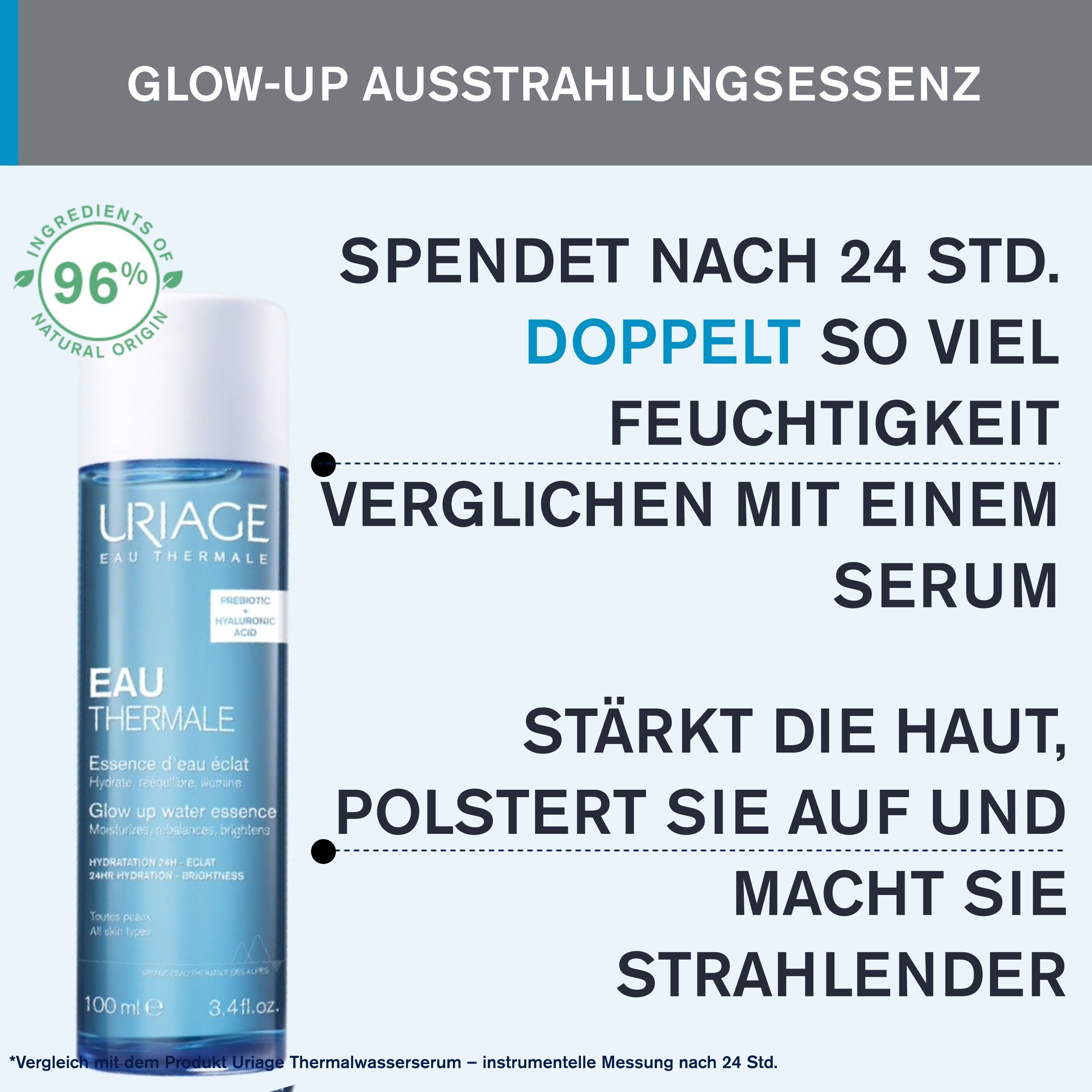 Flasche URIAGE Eau Thermale. Text: Spendet doppelt so viel Feuchtigkeit im Vergleich zu einem Serum. Stärkt die Haut und macht sie strahlender.