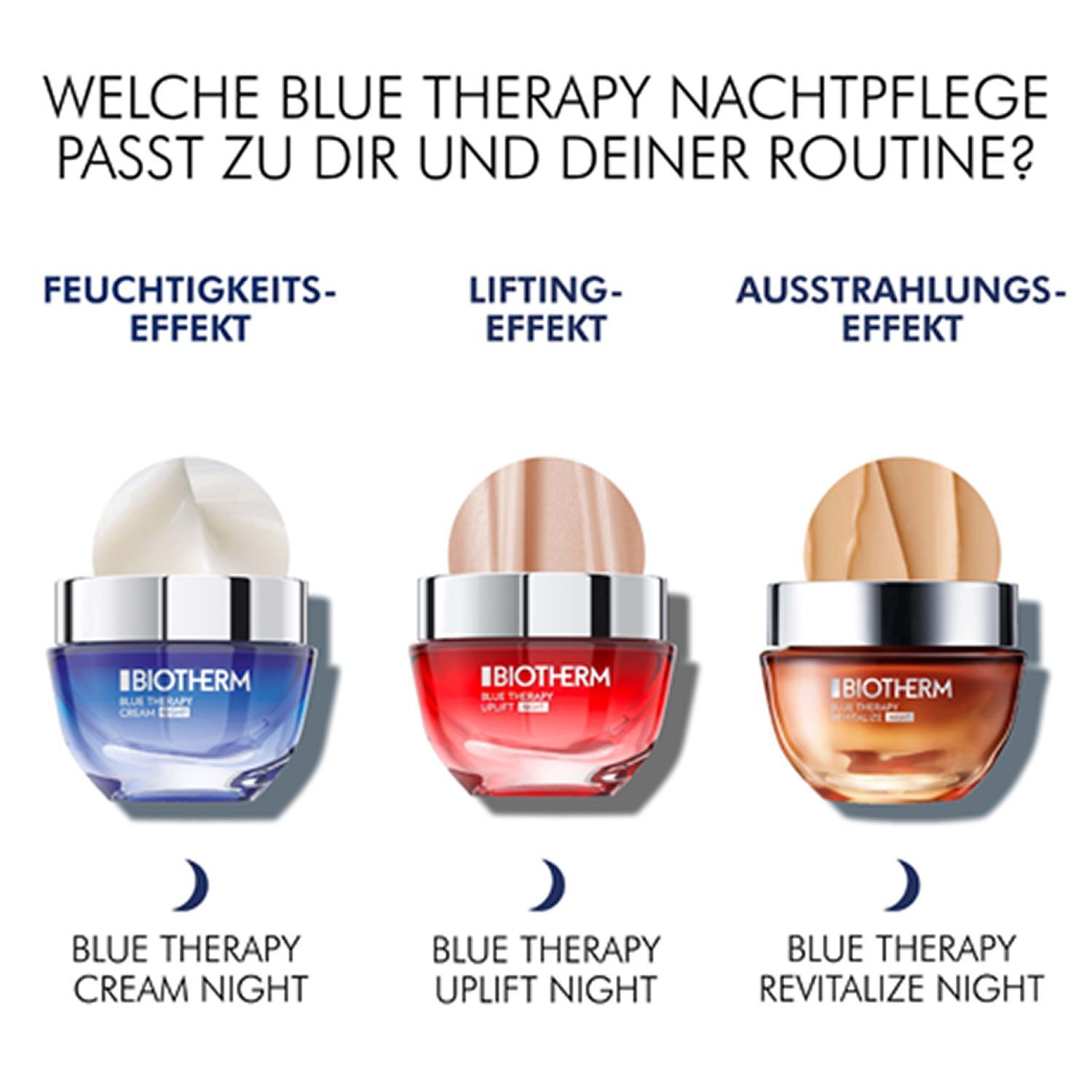 Drei BIOTHERM-Nachtpflegeprodukte: Blue Therapy Cream Night, Blue Therapy Uplift Night und Blue Therapy Revitalize Night.