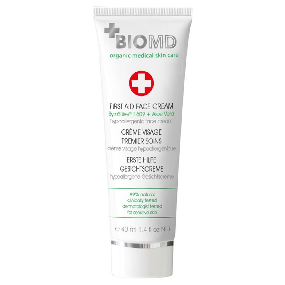 Weiße Tube mit BIOMD-Logo und Text. Enthält Erste Hilfe Creme, 99% natürlich, dermatologisch getestet.