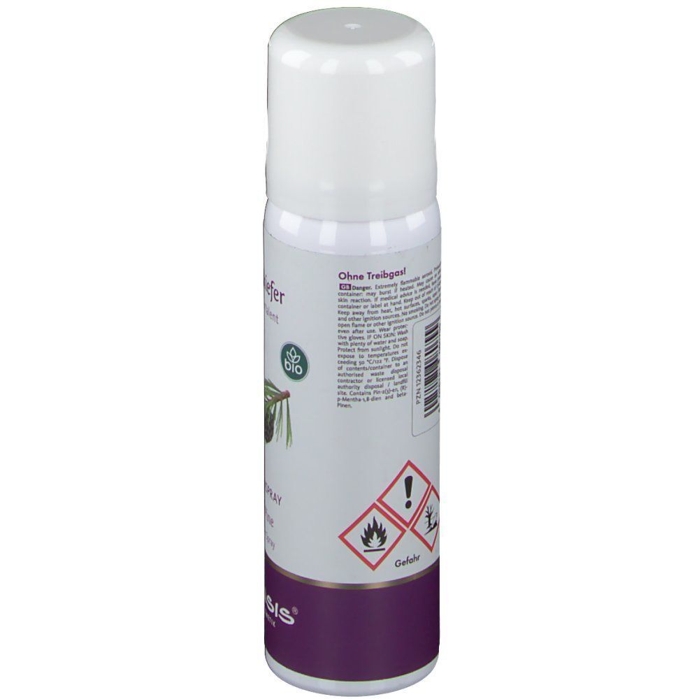 Weiße Sprühflasche mit lila Band am unteren Rand. Enthält Warnsymbole für Entzündbarkeit und Reizung.