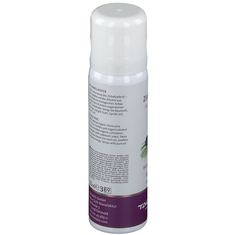Weiße Sprühflasche mit lila Etikett, 50ml, mit Zirbenmotiv und Text.